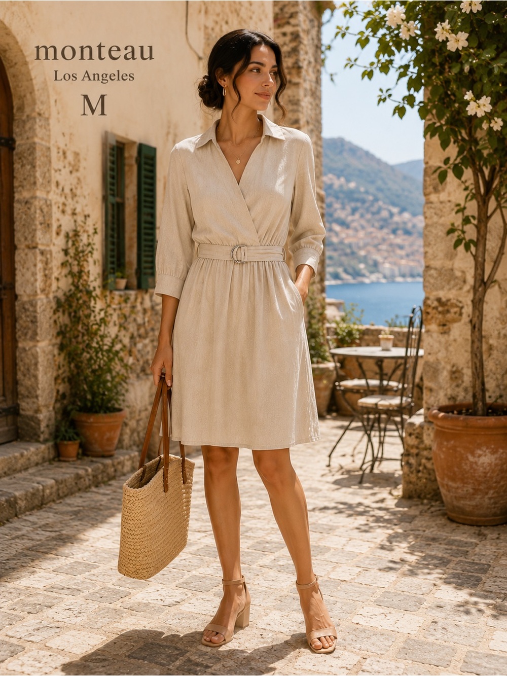 Monteau Los Angeles M Faux Wrap Linen Blend Belted Midi Dress Neutral